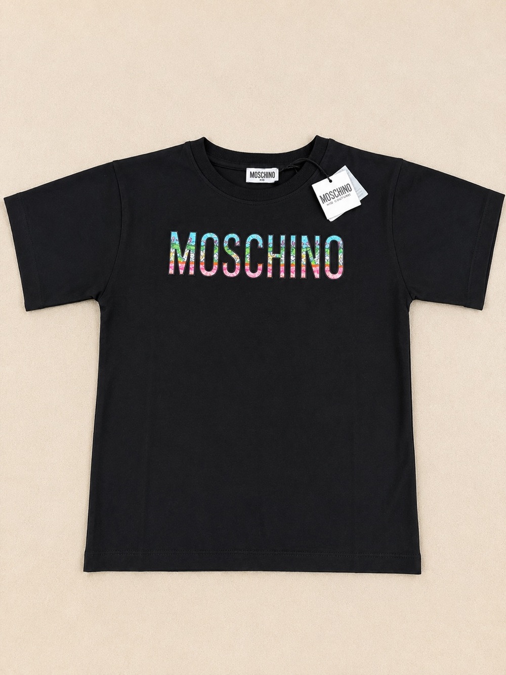 Moschino Black Tee with Rainbow Floral Logo